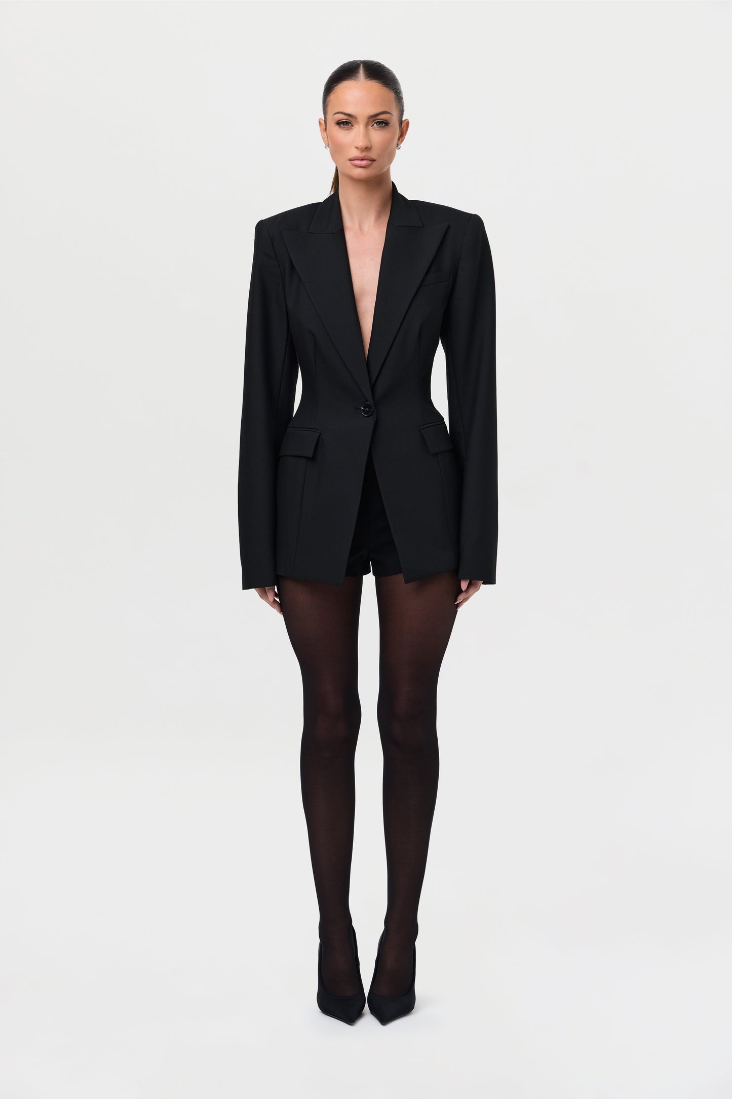 Power Shoulder Fitted Suit Blazer