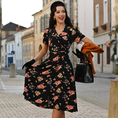 Peggy Wrap Dress in Black Mayflower