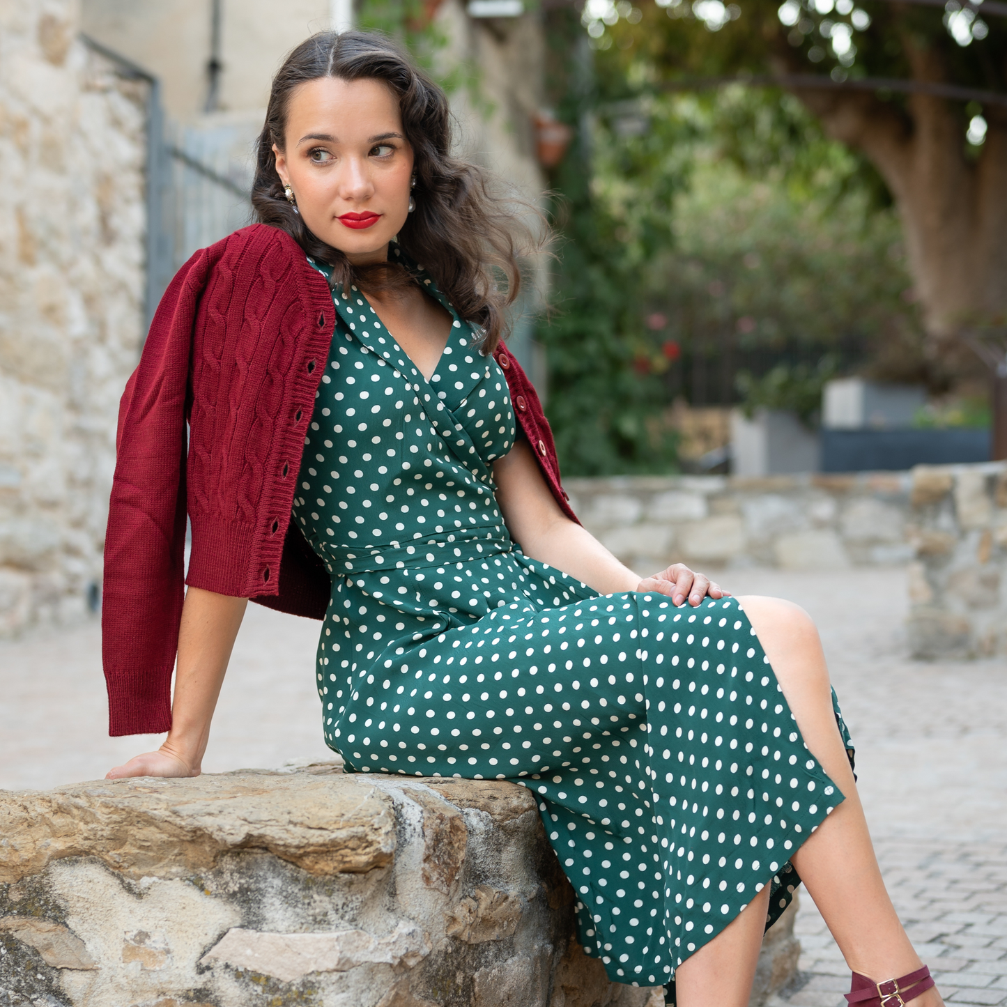 Peggy Wrap Dress in Green Polka