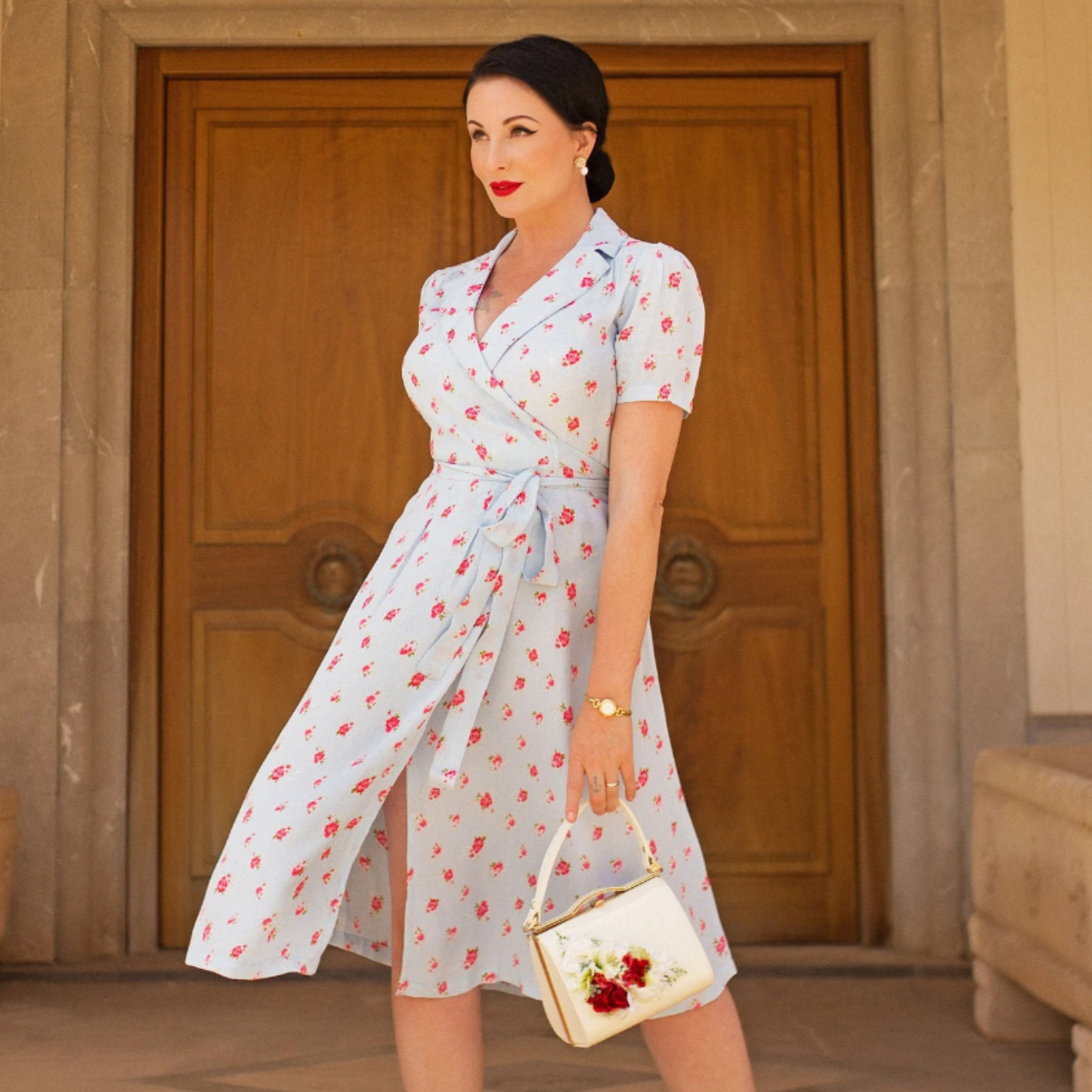 Peggy Wrap Dress in Powder Blue Moonshine
