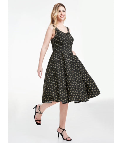 Black Atomic Bees Print Heidi Dress