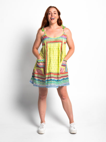 Chilli Shoulder Tie Dress in Lime Alpacas