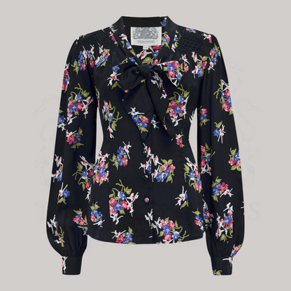 Eva Pussy Bow Blouse in Black Floral Dancer