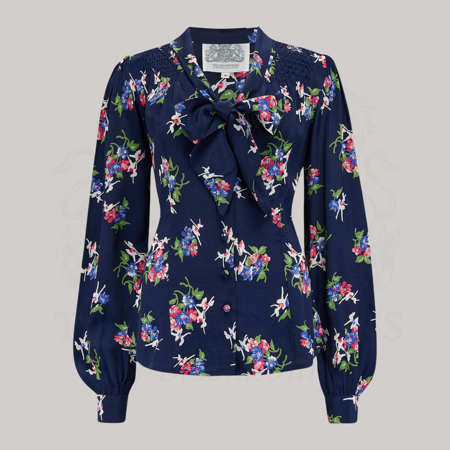 Eva Pussy Bow Blouse in Navy Floral Dancer