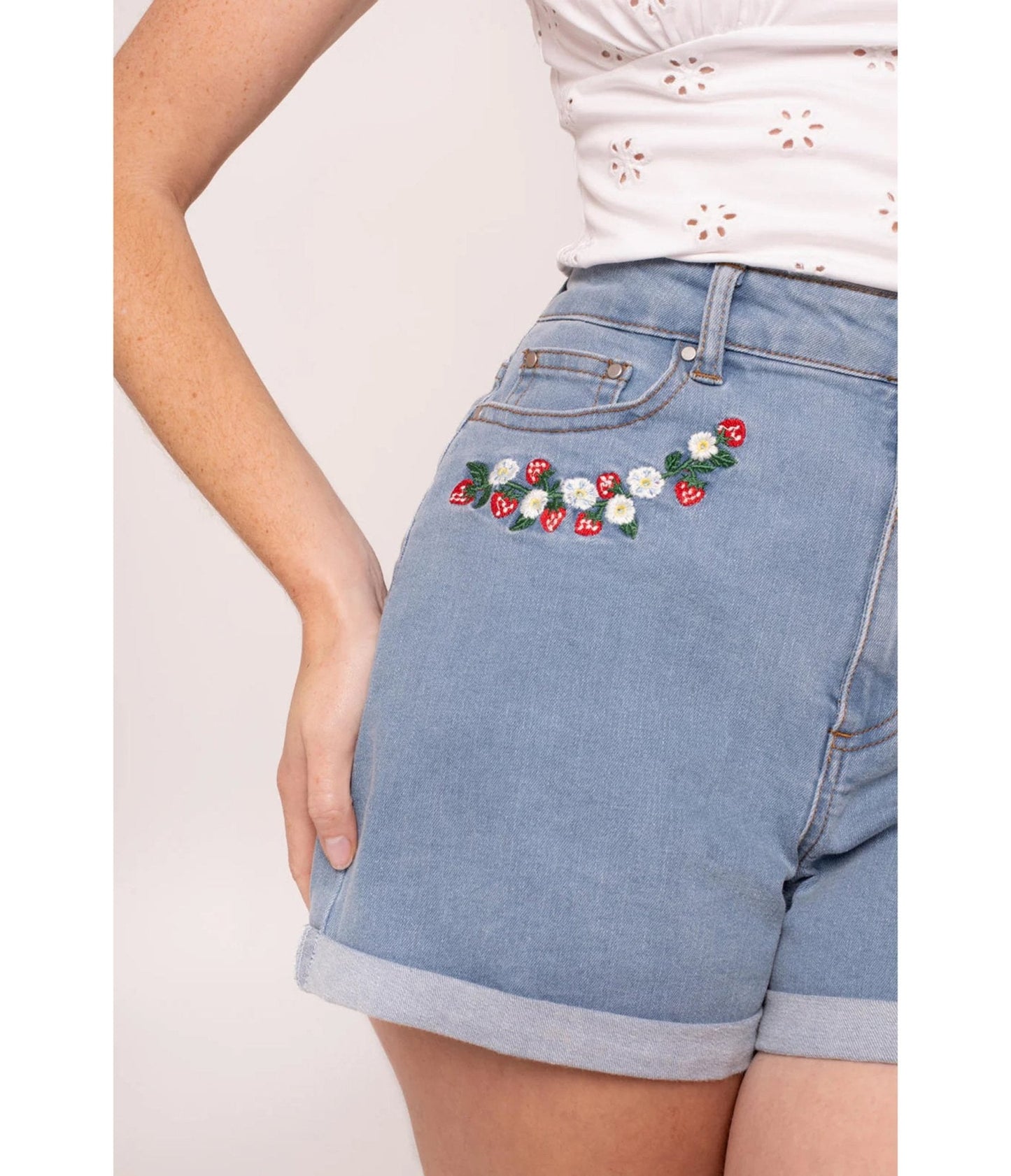 Hell Bunny Strawberry & Light Denim Shorts