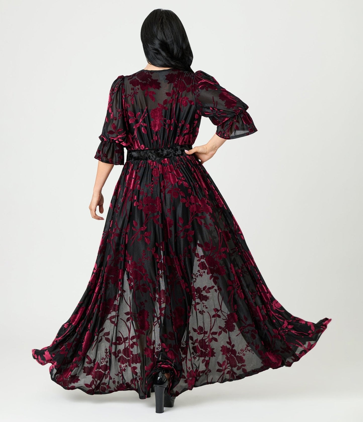 Unique Vintage Black & Berry Floral Velvet Burnout Duster