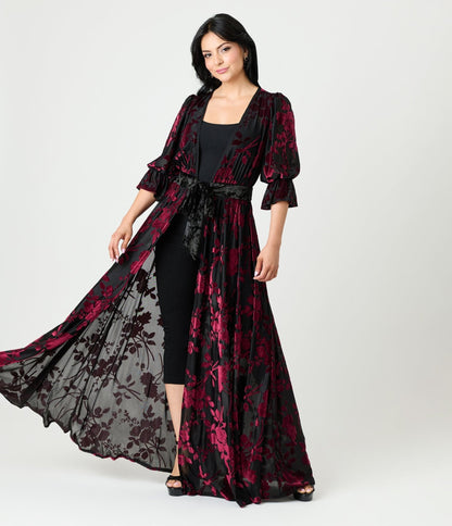 Unique Vintage Black & Berry Floral Velvet Burnout Duster