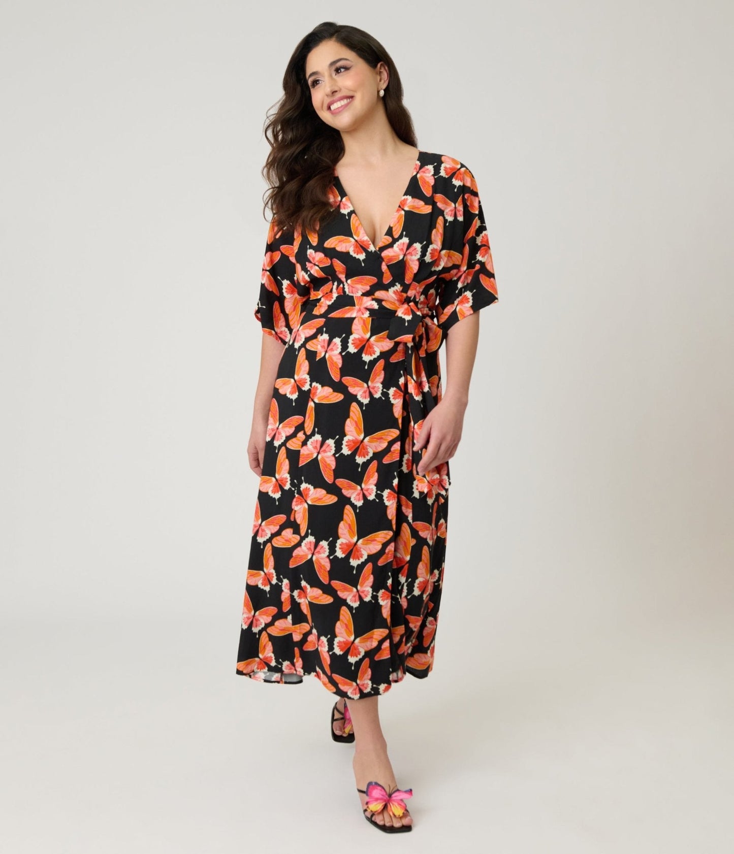 Unique Vintage Black Butterfly Print Wrap Midi Dress