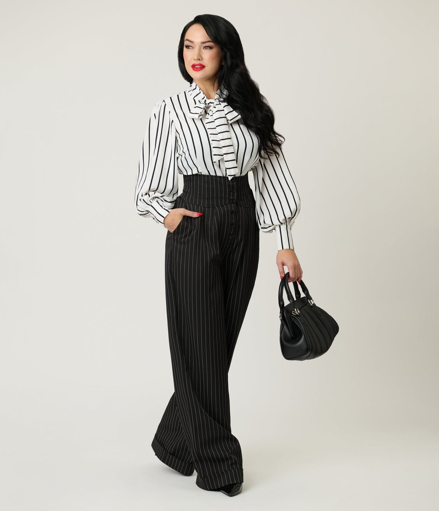 Unique Vintage Black Pinstripe High Waist Trousers