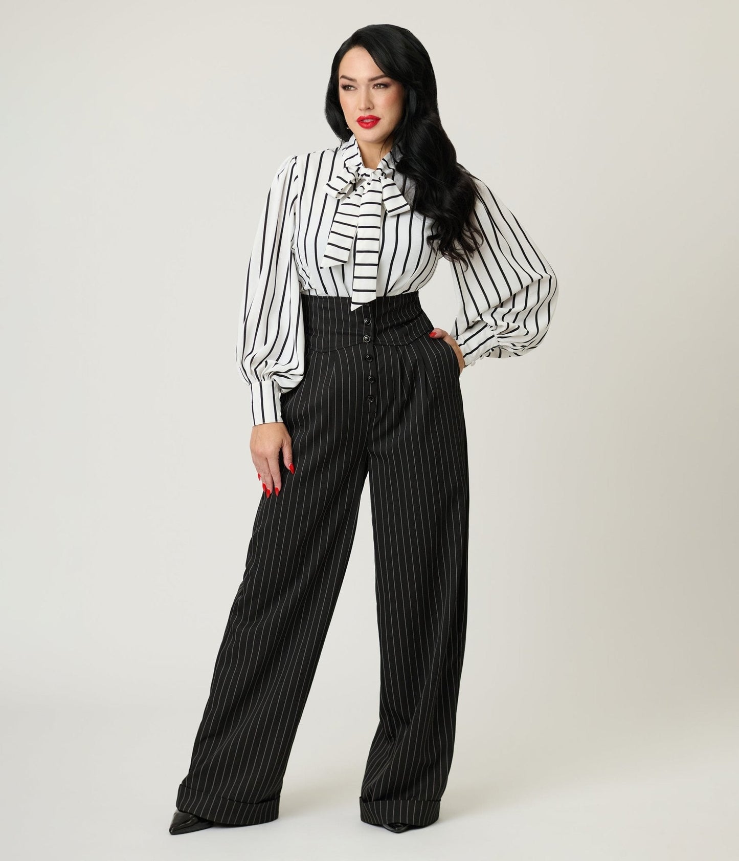 Unique Vintage Black Pinstripe High Waist Trousers