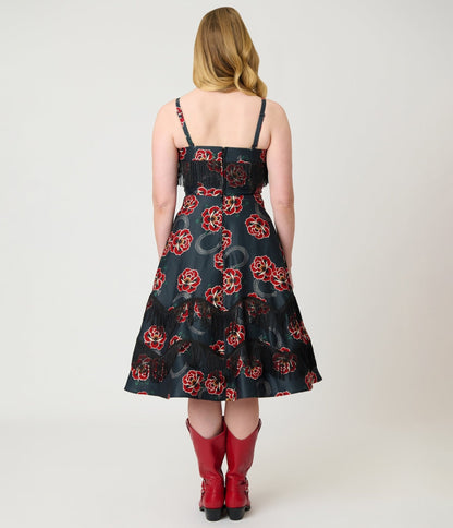 Unique Vintage Black & Rose Print Fringe Girlie Swing Dress