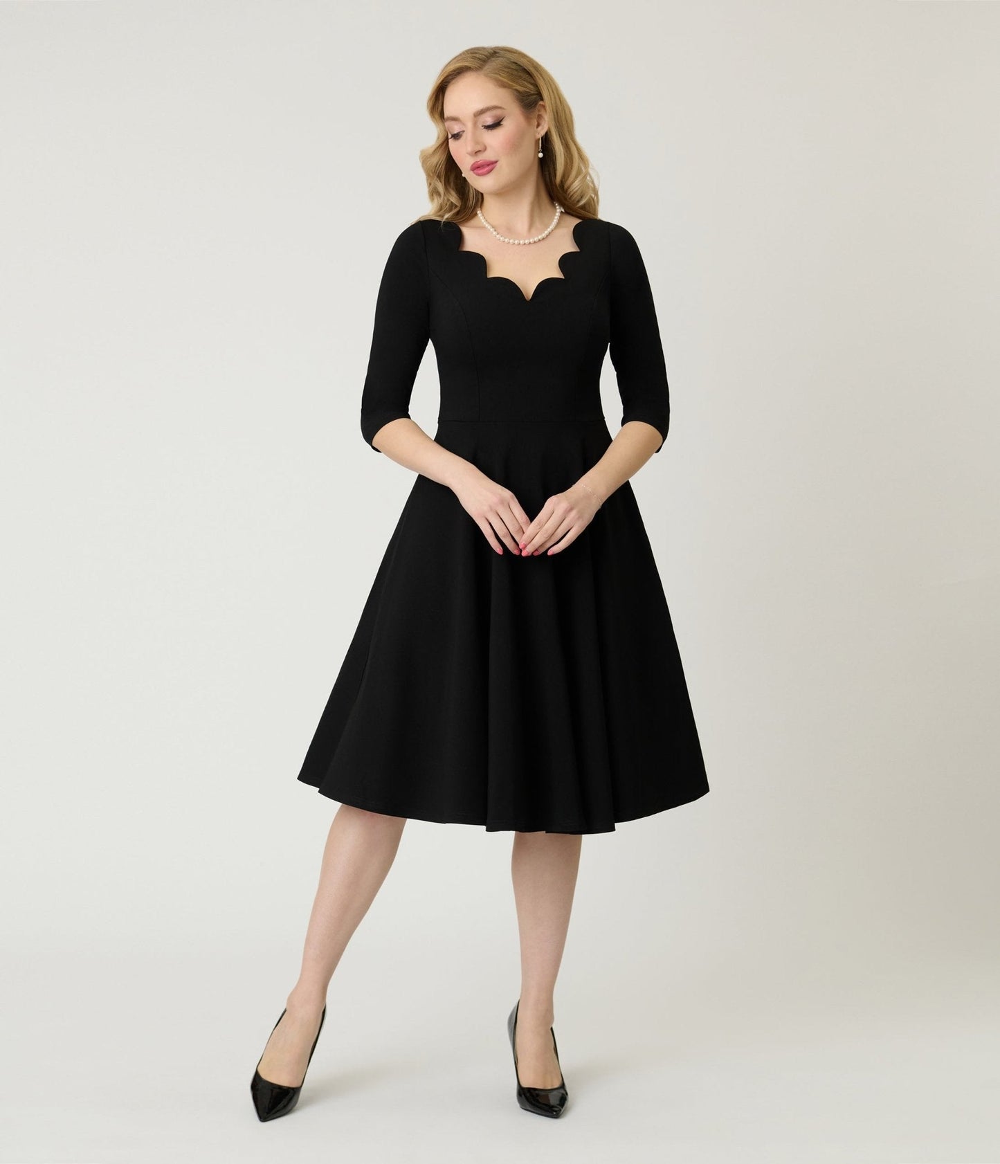 Unique Vintage Black Scalloped Neck Swing Dress
