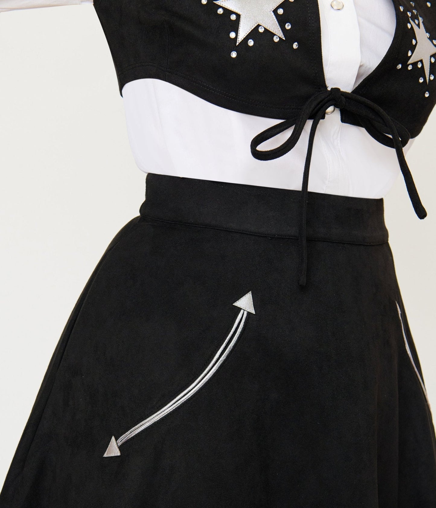 Unique Vintage Black & Silver Rhinestone Stars Western Suede Swing Skirt