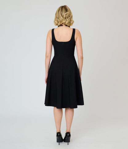 Unique Vintage Black Square Neck Pleated Swing Dress