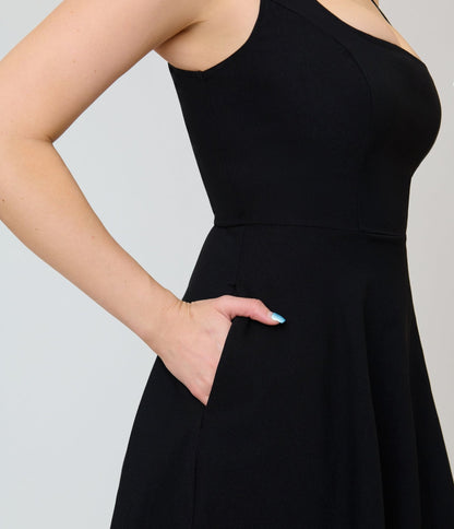 Unique Vintage Black Square Neck Pleated Swing Dress