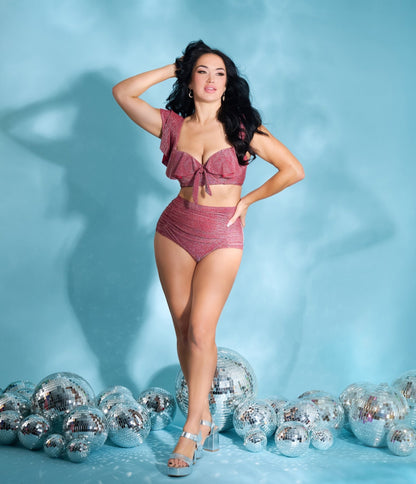 Unique Vintage Burgundy Lurex Ruffled Cap Sleeve Frida Swim Top