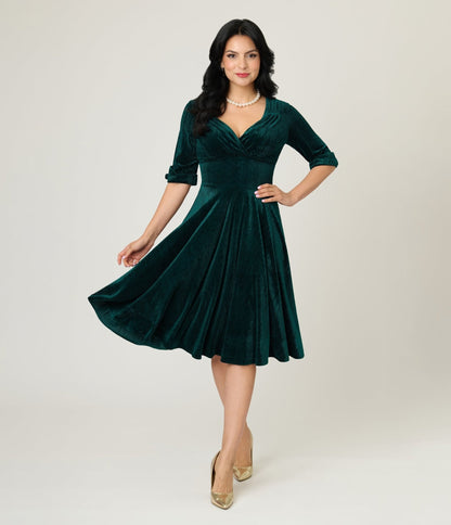 Unique Vintage Emerald Textured Velvet Delores Swing Dress