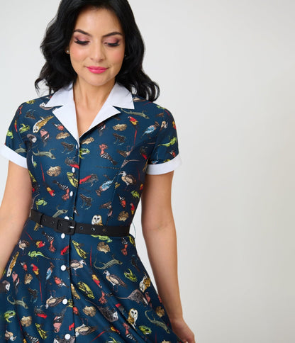 Unique Vintage Navy Creatures Print Alexis Swing Dress