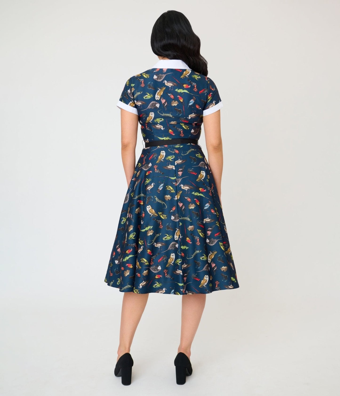 Unique Vintage Navy Creatures Print Alexis Swing Dress