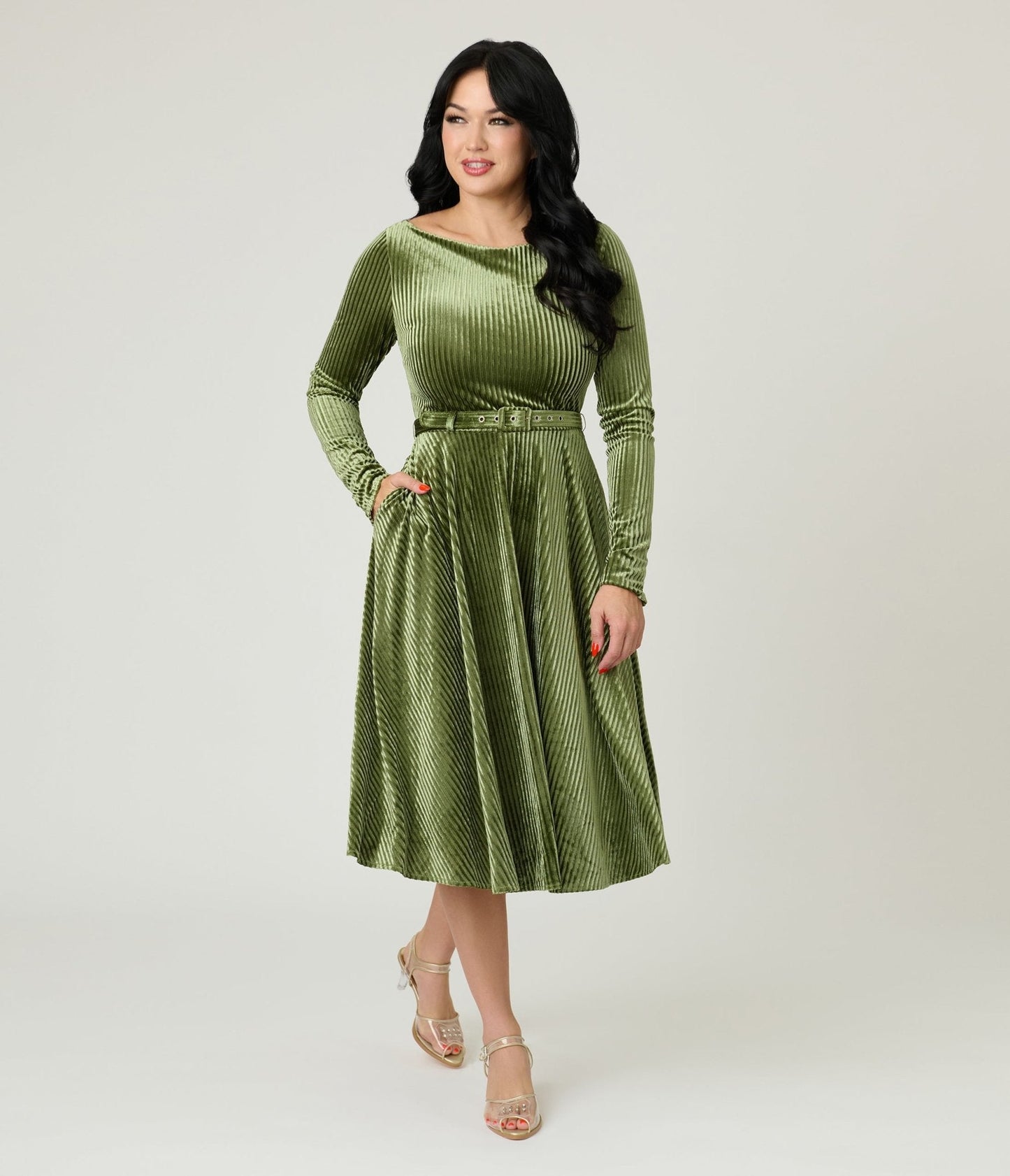 Unique Vintage Olive Green Long Sleeve Devon Swing Dress