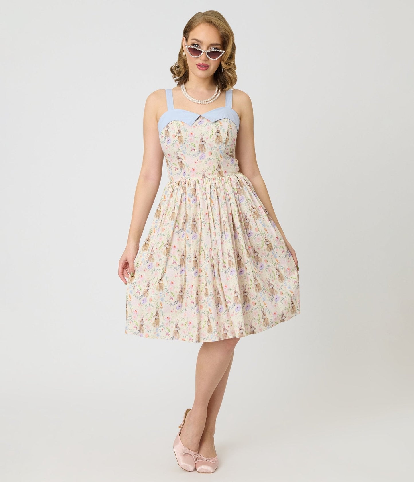 Unique Vintage Periwinkle Bunny Print Rachel Swing Dress