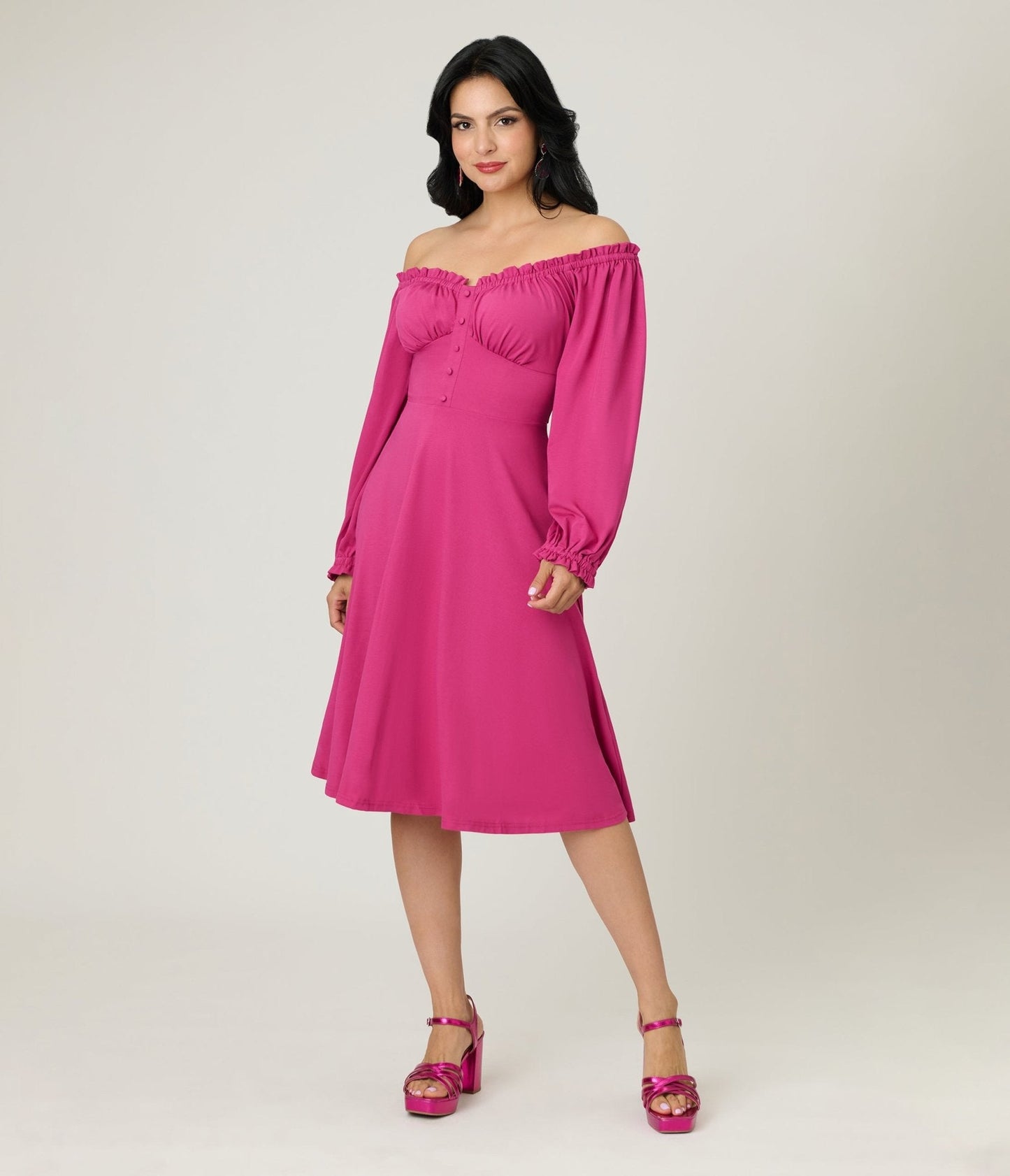 Unique Vintage Pink Gathered Knit Swing Dress