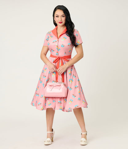 Unique Vintage Pink Pyrex Print Cotton Shirt Dress