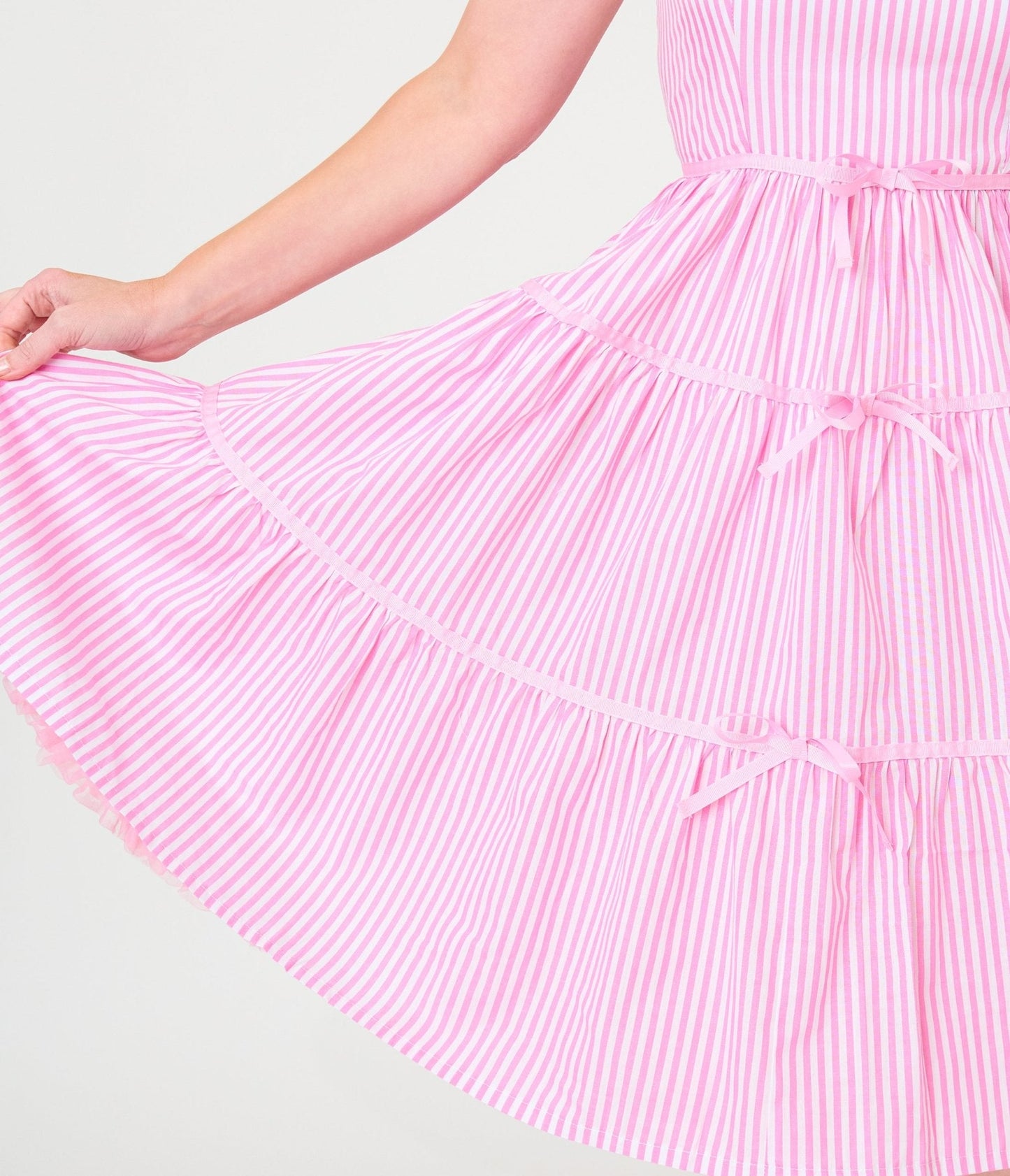 Unique Vintage Pink Stripes & Frog Brooch Tiered Swing Dress