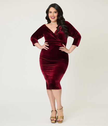 Unique Vintage Plus Size Burgundy Velvet Off the Shoulder Surplice Pencil Dress