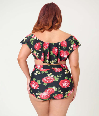 Unique Vintage Plus Size Cabbage Roses Monroe High Waist Swim Bottom