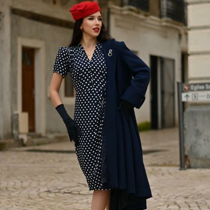 Mabel Waterfall Dress in Navy Polka