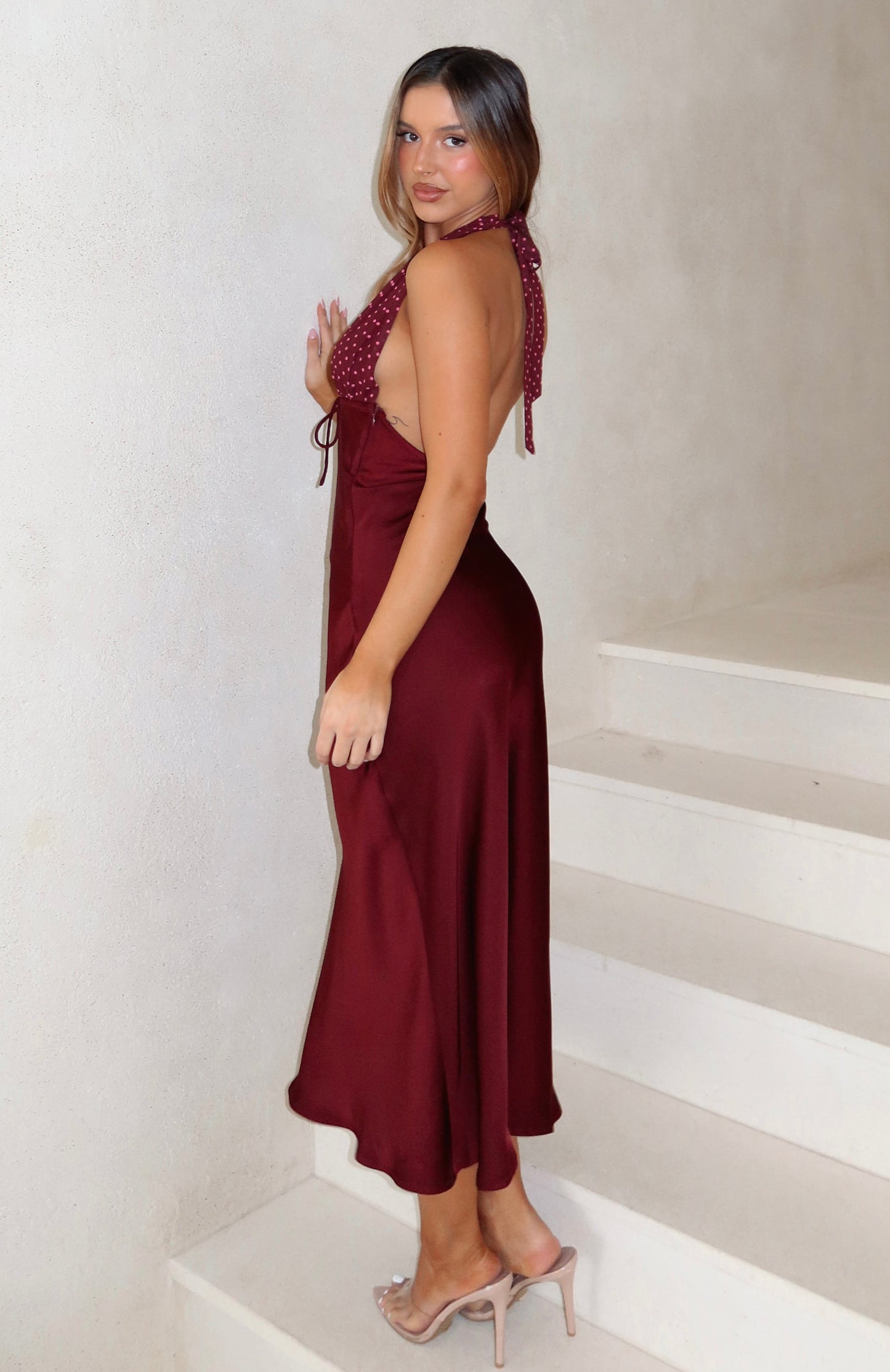 Guess You Miss Me Halter Midi Dress Burgundy/Pink Dot